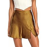 Cvokrpy Women's Mini Skirt Satin High Waisted Sexy Slit Front Silk Casual A-Line Elastic Waistband Short Skirts