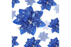 Geosar 24 Christmas Glitter Artificial Poinsettia Flowers Xmas Poinsettia Artificial Wedding Flowers Decorations Xmas Tree Ornaments with Clips for Party Favors, 6 Inch, 4 Inch, 3 Inch (Royal Blue)