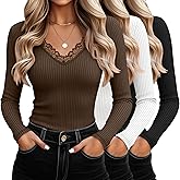 Oakgarden 3 Pack Women's Cotton Long Sleeve Tops V Neck Ribbed Knit Lace Sexy Shirts Slim Fit Dressy Casual Tight Basic Tees