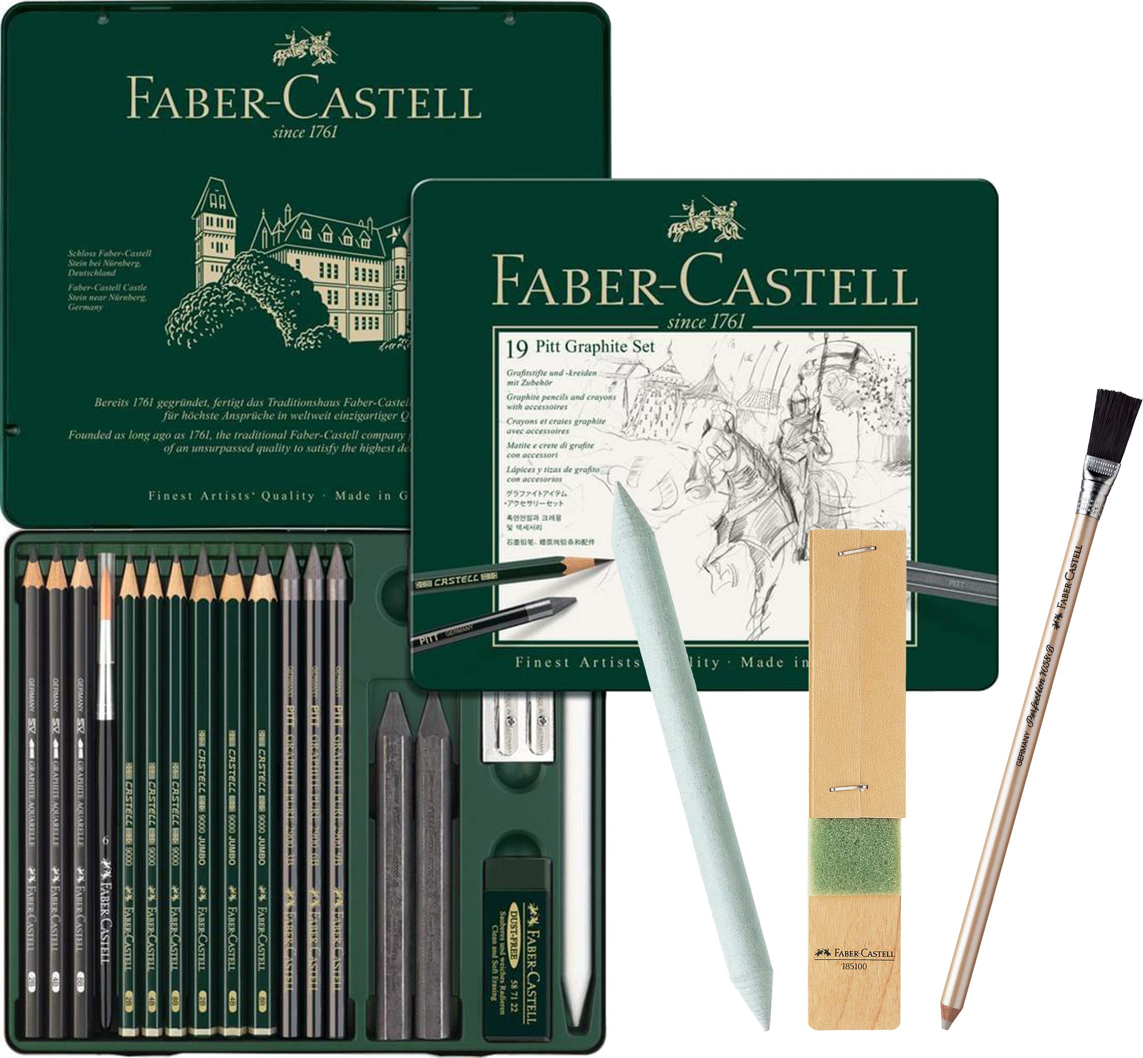 Faber-Castell - Pitt Graphite Set in Metal Case, Medium, 19 + 3 Pieces (Includes Eraser Pen with Brush, Paper Wiper and Lead Sharpening Block)