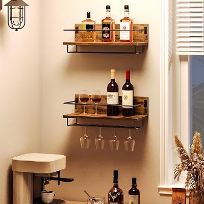 HOOBRO Wall Mounted Wine Rack Set of 2 Rustic Brown and Black