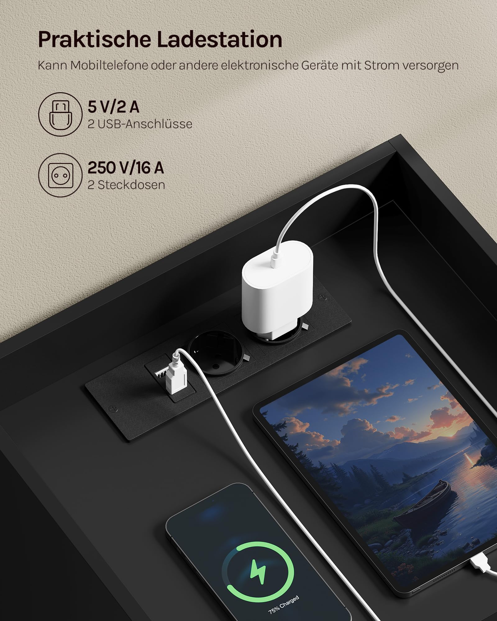 WOLTU Nachttisch 2er Set, mit Steckdose, Nachtschrank mit LED-Beleuchtung, schwarz, 2 Schubladen und 1 offenem Fach, 40 x 35 x 64 cm, geeignet für Schlafzimmer, Wohnzimmer, moderner Stil, NTS07sz-2 6