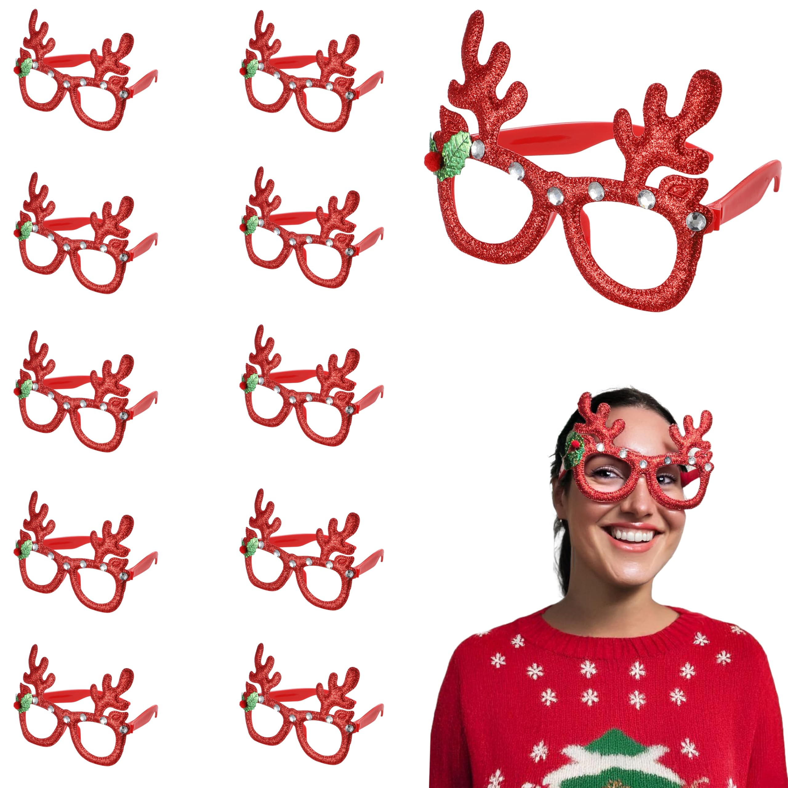 Komonee 12 x Christmas Novelty Glasses Sunglasses | Xmas Costume Eyewear Fancy Dress Up | Funny Festive Party Favours for Holiday Celebrations & Photo Booth Props for All Ages Red Antlers