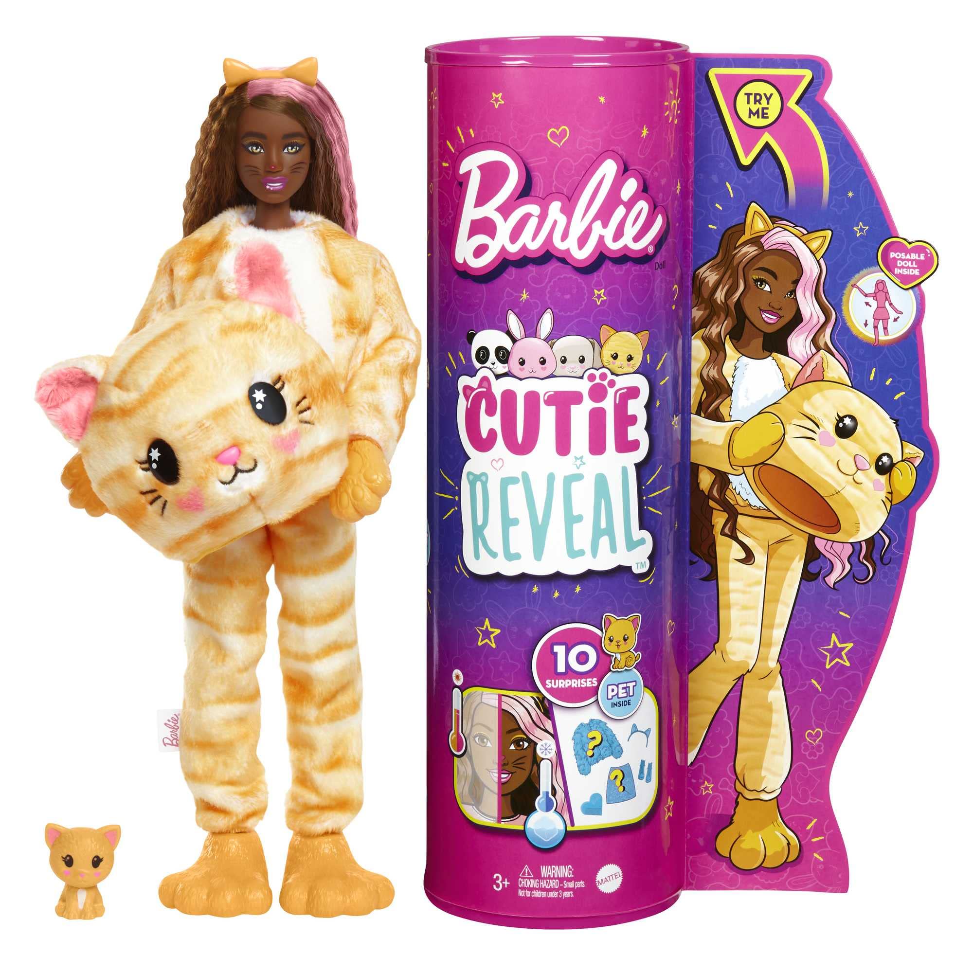 Barbie Doll, Cutie Reveal Kitty Plush Costume Doll with 10 Surprises, Mini Pet, Color Change and Accessories, HHG20