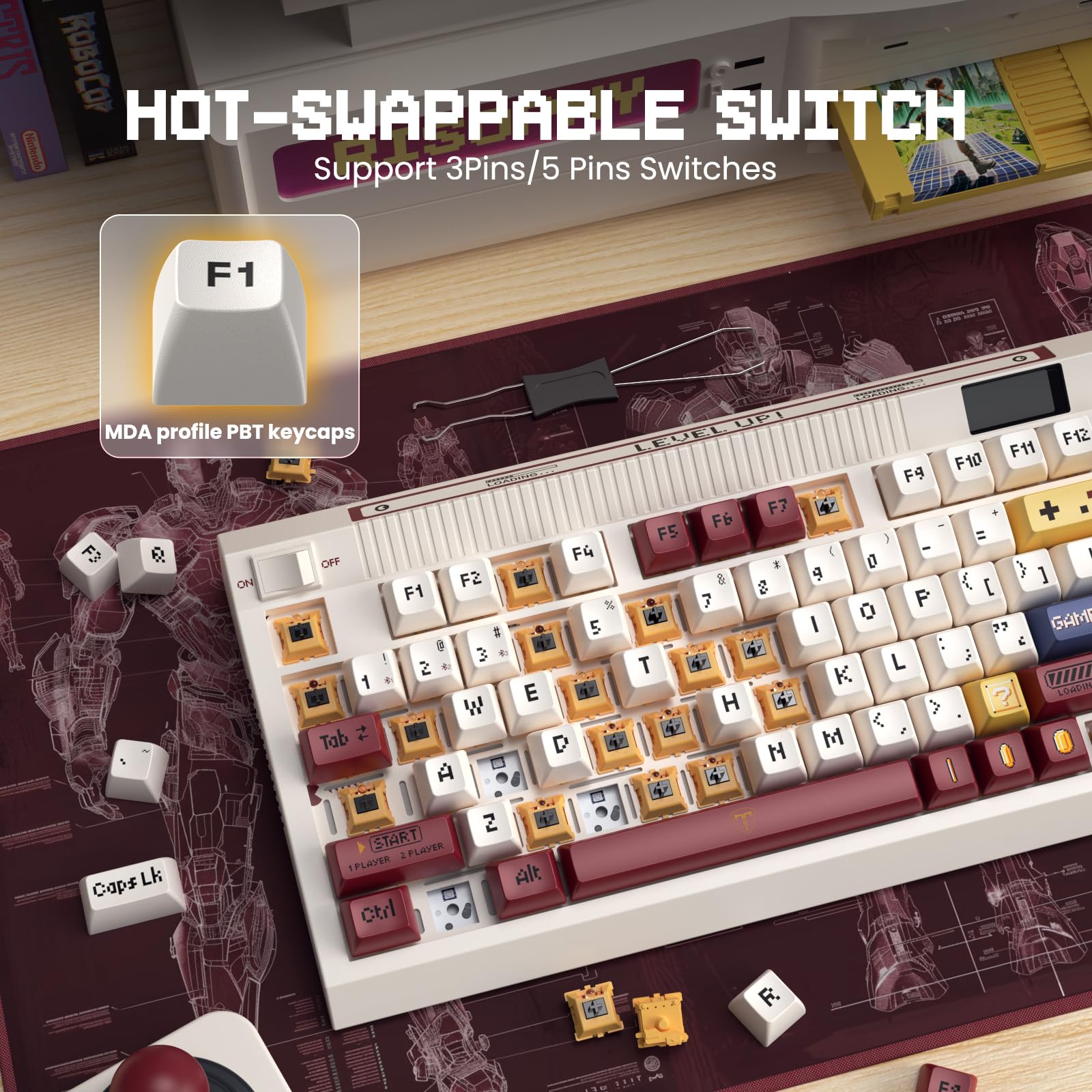 RisoPhy PC423 Wireless Creamy Keyboard with Screen & Knob, 75% 2.4G/Bluetooth/USB-C Gasket RGB Mechanical Keyboard, Hot Swappable, Five-Layer Padding & Pre-lubed Linear Switch, Retro Red and White