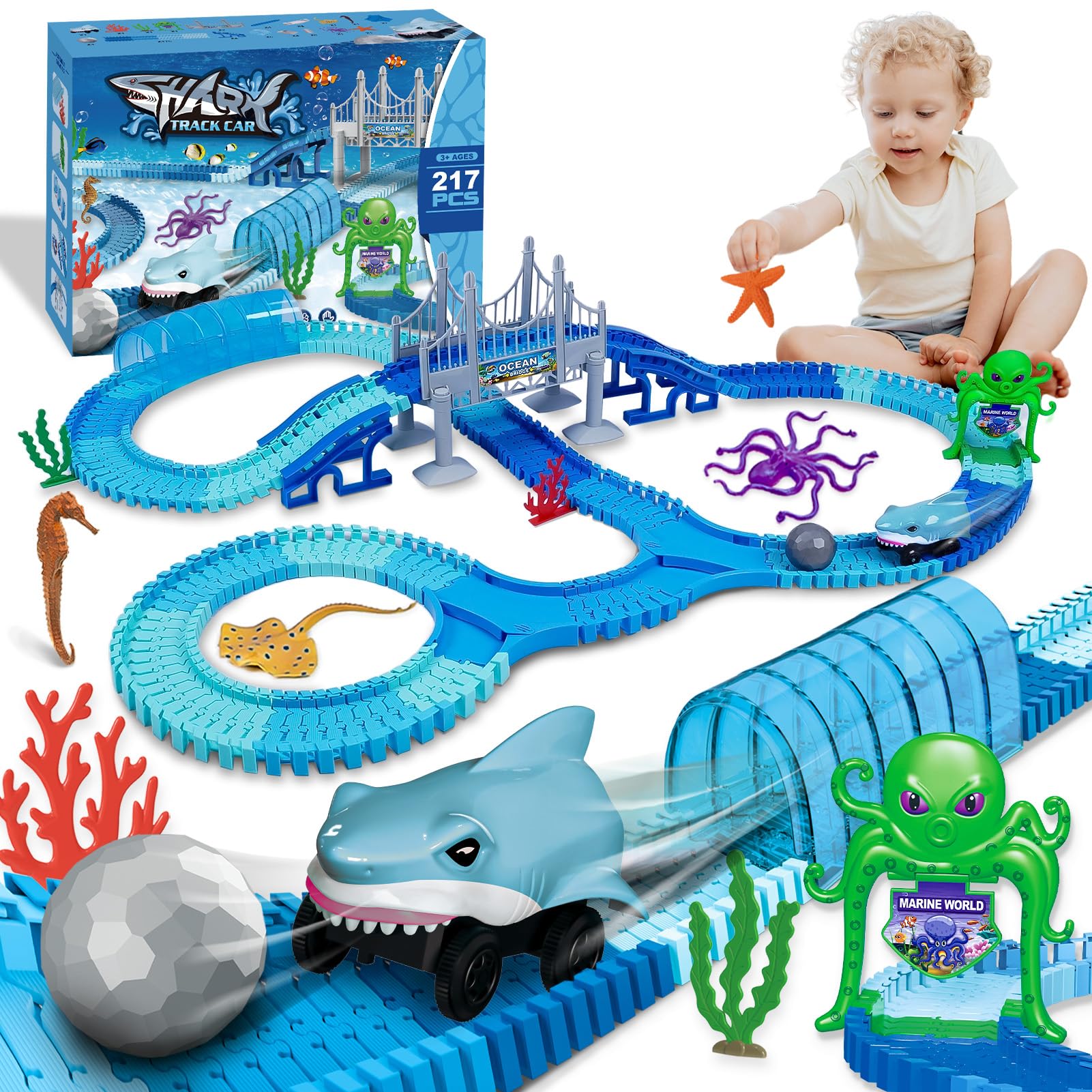 Tragik Construction Toys for 3 4 5 6 Year Old Boys Gifts, Shark Race Track Boys Toy Age 3 4 5 6 Year Old Boy Birthday Presents Kids Play Vehicles Construction Toy Race Tracks for Kids Toys