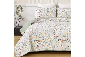 Anibedding Floral Quilt Set King, 3 Pieces Sage Green Orange Flower Printed Bedspread King Size Lightweight Microfiber Coverlet Sets King for All Season(104"x90")