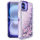 Asuwish Phone Case Compatible with iPhone 16 Plus 6.7 inch Screen Protector Bling Liquid Glitter Clear Hybrid Military Grade Protective Heavy Duty Cell Cover i Phone16 16+ i16 + 16Plus Girls Purple