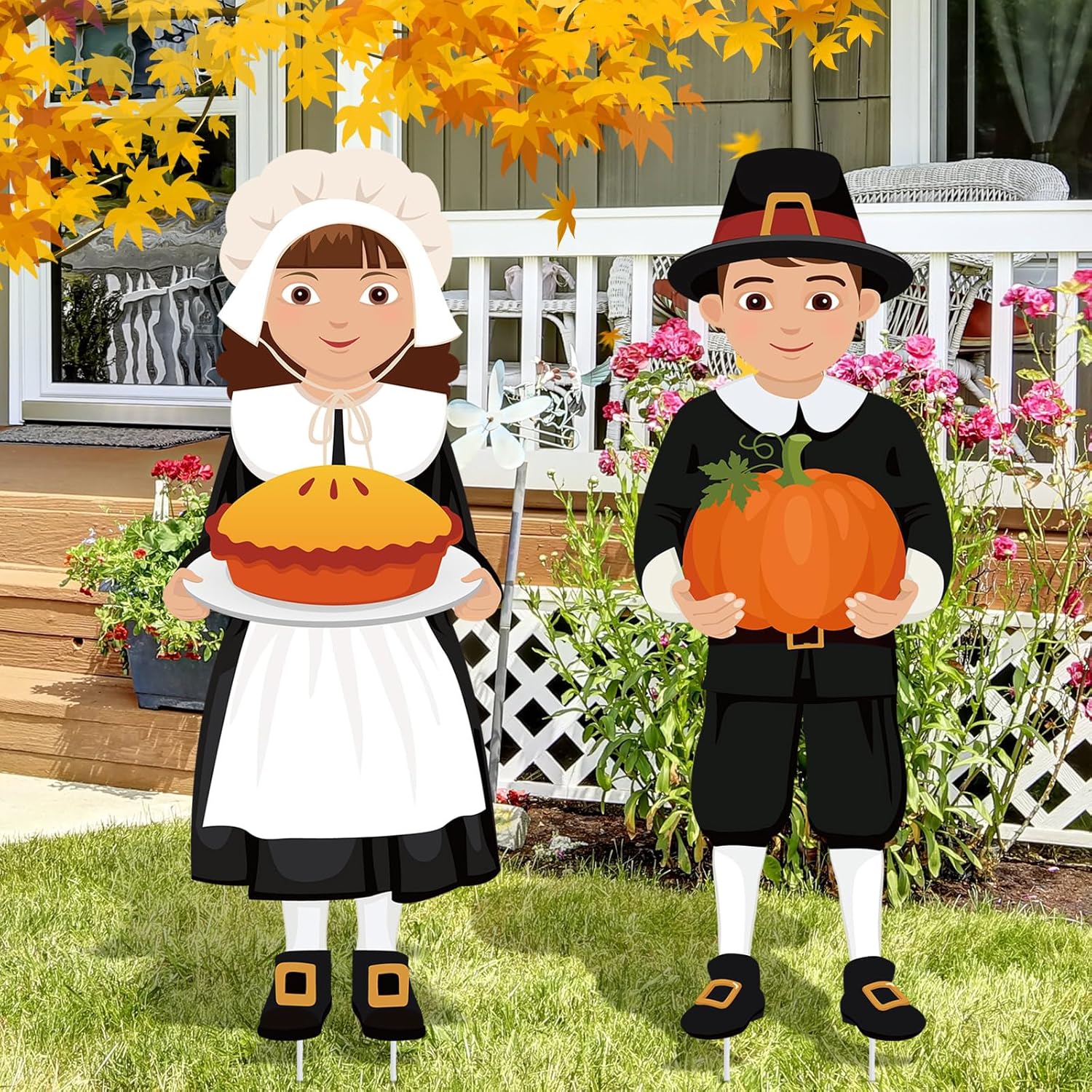 Yard Signs - Soaoo 2 Pcs Thanksgiving Pilgrim Boy and Girl Sign Metal Thanksgiving Yard Outdoor Decorations Fall Harvest Lawn Decoration with Stakes for Outdoor Autumn Garden Porch