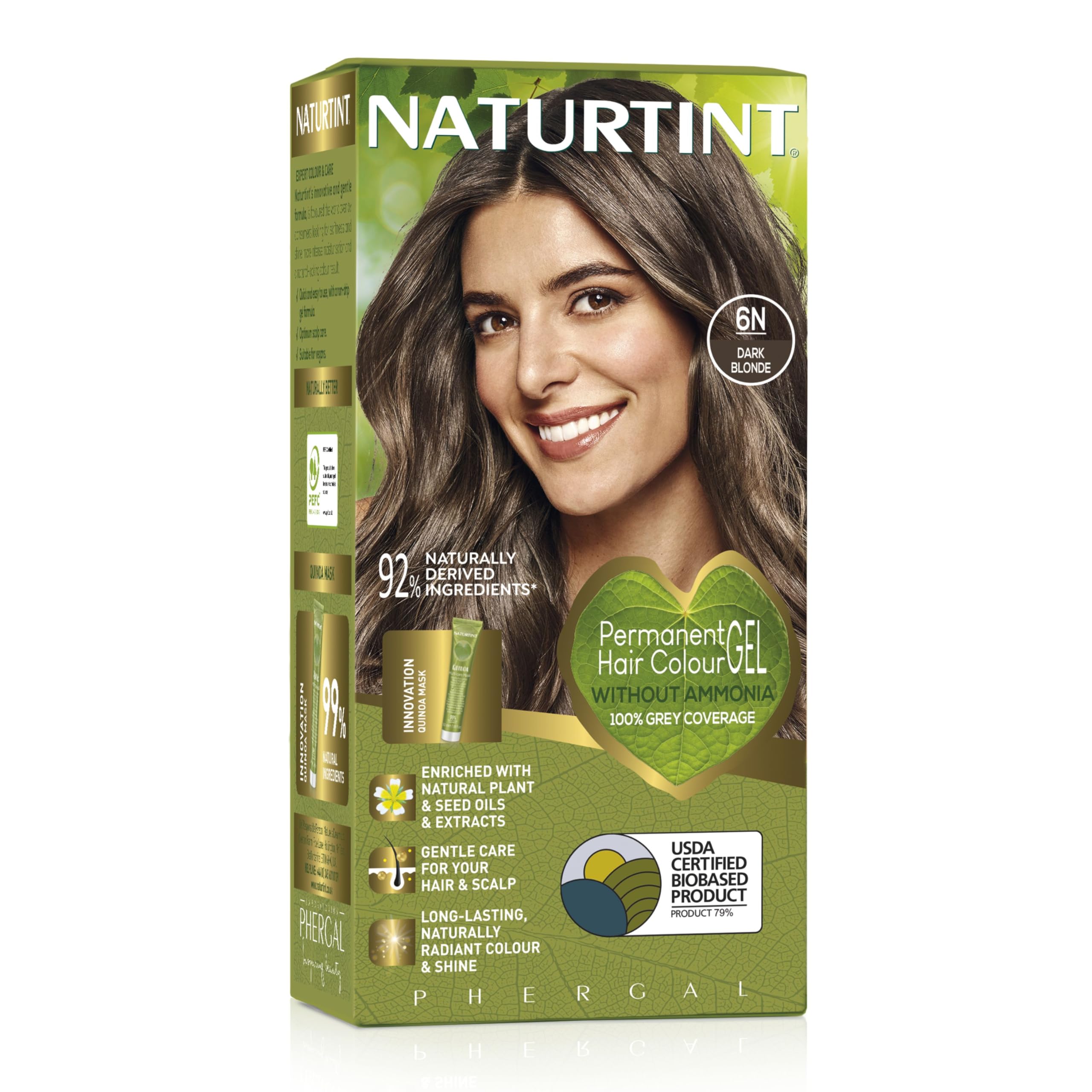 Naturtint Permanent Hair Colour Gel 6N Dark Blonde, Plant Enriched, Biobased, Ammonia Free, Long Lasting Grey Coverage and Radiant Colour, Nourishment and Protection