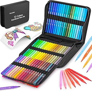 Coloring Markers Pens Set for Adult Coloring Book, Soucolor 72 Colors Dual Tip Art Markers (Fineliner&Brush, Numbered Penholder) with Case for Adults Kids Artist Drawing Journaling Sketching Lettering