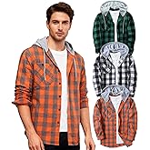 Mens Plaid Button-up Hoodies Loose Fit Long Sleeve Cotton Casual Tops Lightweight Hooded Flannel Shirt with Pockets