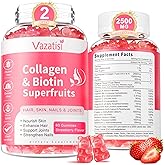 Vazatisi 2 Pack Sugar Free Collagen Gummies for Women Men, Multi Collagen Peptides Gummies Type I II III V X with Biotin Vitamin A B C D E for Hair Skin Nails, Strawberry Flavor, 120 Count