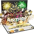 Birthday Card, Musical Pop Up Birthday Cards w Firework Lights, Blow Out LED Light Candle & Play Happy Birthday Music Pop Up Card, Greeting Cards Gifts for Him or Her, Black Gold (Blowable Candle)