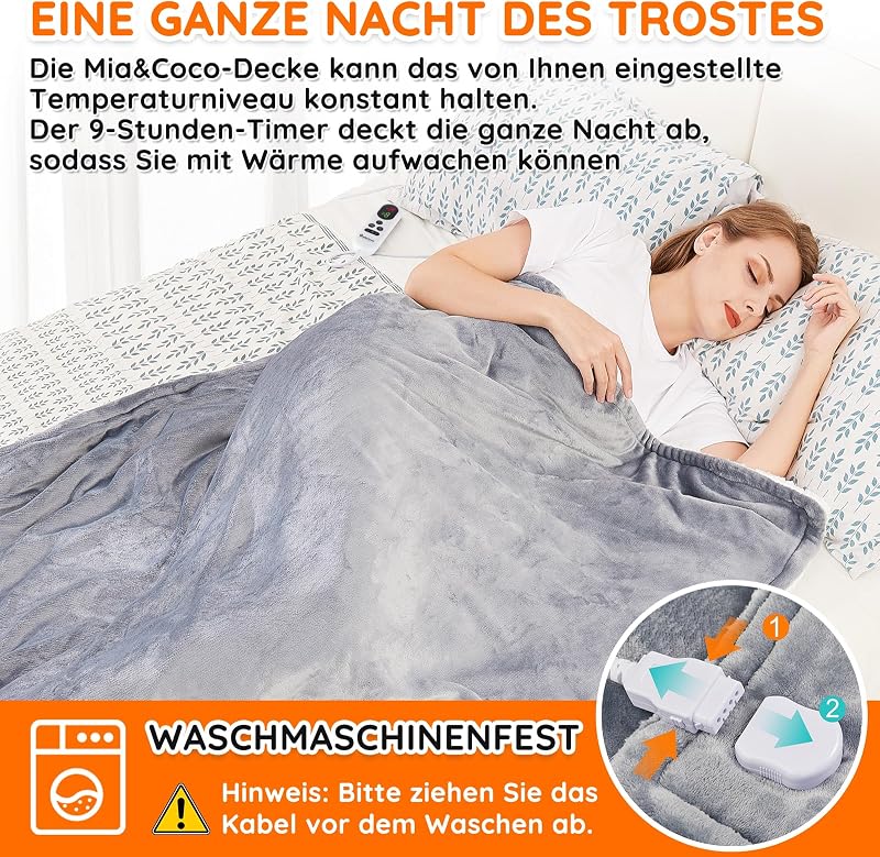 Heizdecke mit Abschaltautomatik, 10 Heizstufen Up-to-9 Stunden Auto-Off-Timer Überhitzungsschutz, Elektrische Wärmedecke Bett Wärme Decke ETL-Zertifiziert für Home & Office Flanell Waschbar
