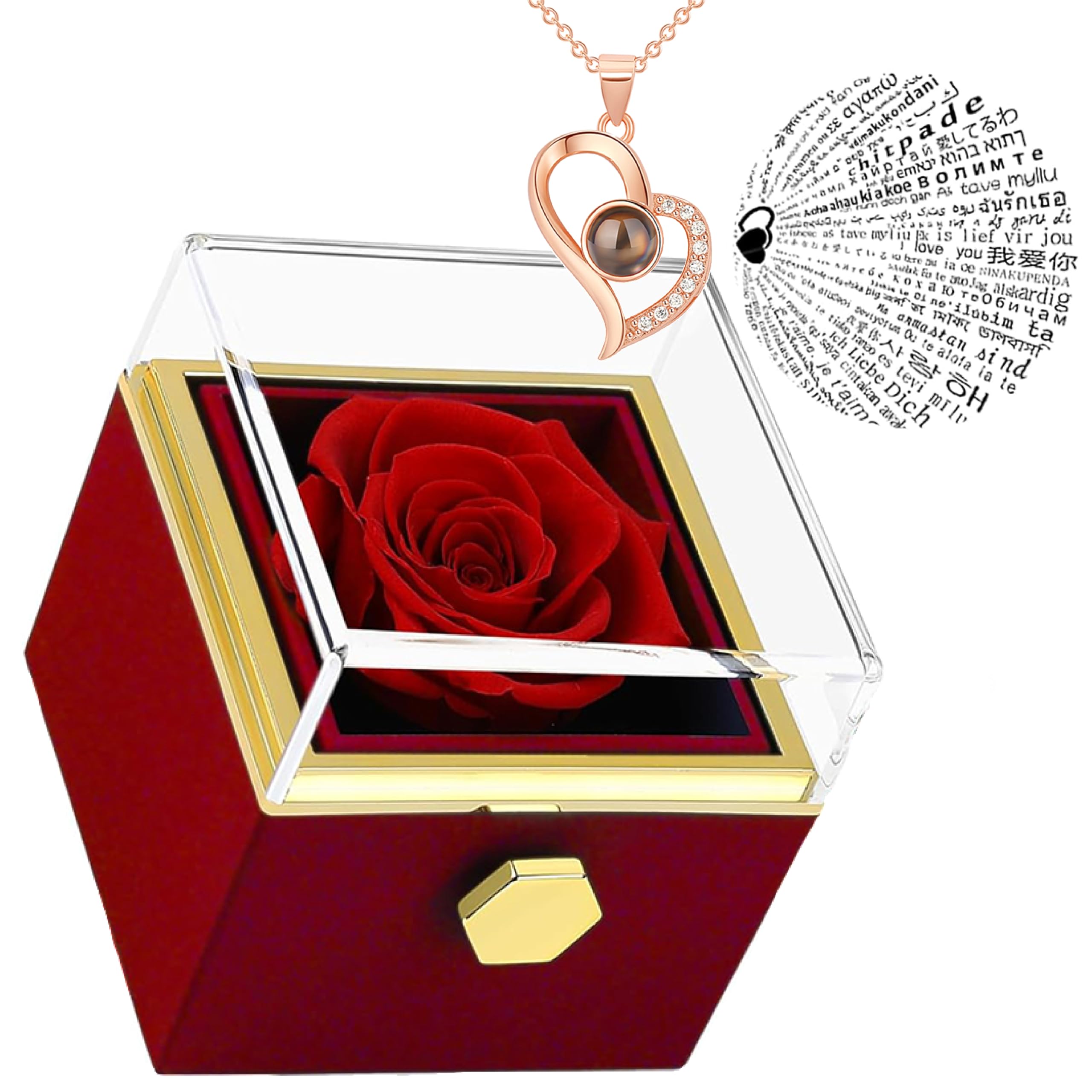 Photo 1 of Preserved Real Rose Rotate Box with I Love You Necklace in100Languages-Eternal Flowers Rose Romantic Gifts for Mom Wife Girlfriend Daughter for Valentines Day Christmas Birthday (red)