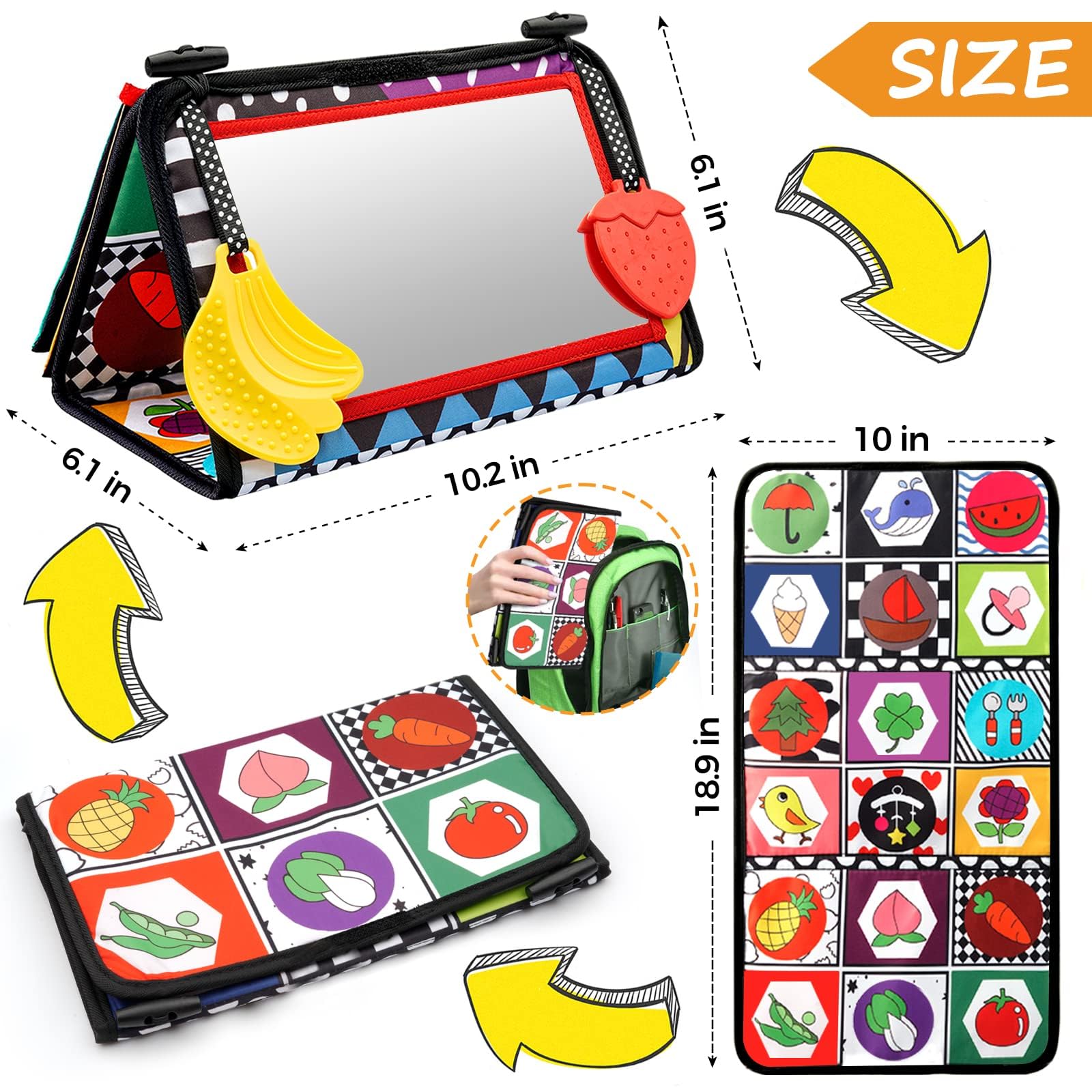 Oukzon Tummy Time Toys, Baby Toys 0-6 Months with Crinkle Book and Teethers, 6-12 Months Infant Mirror Toys High Contrast Baby Gift Toys for Newborn Brain Development, Montessori Sensory Toy