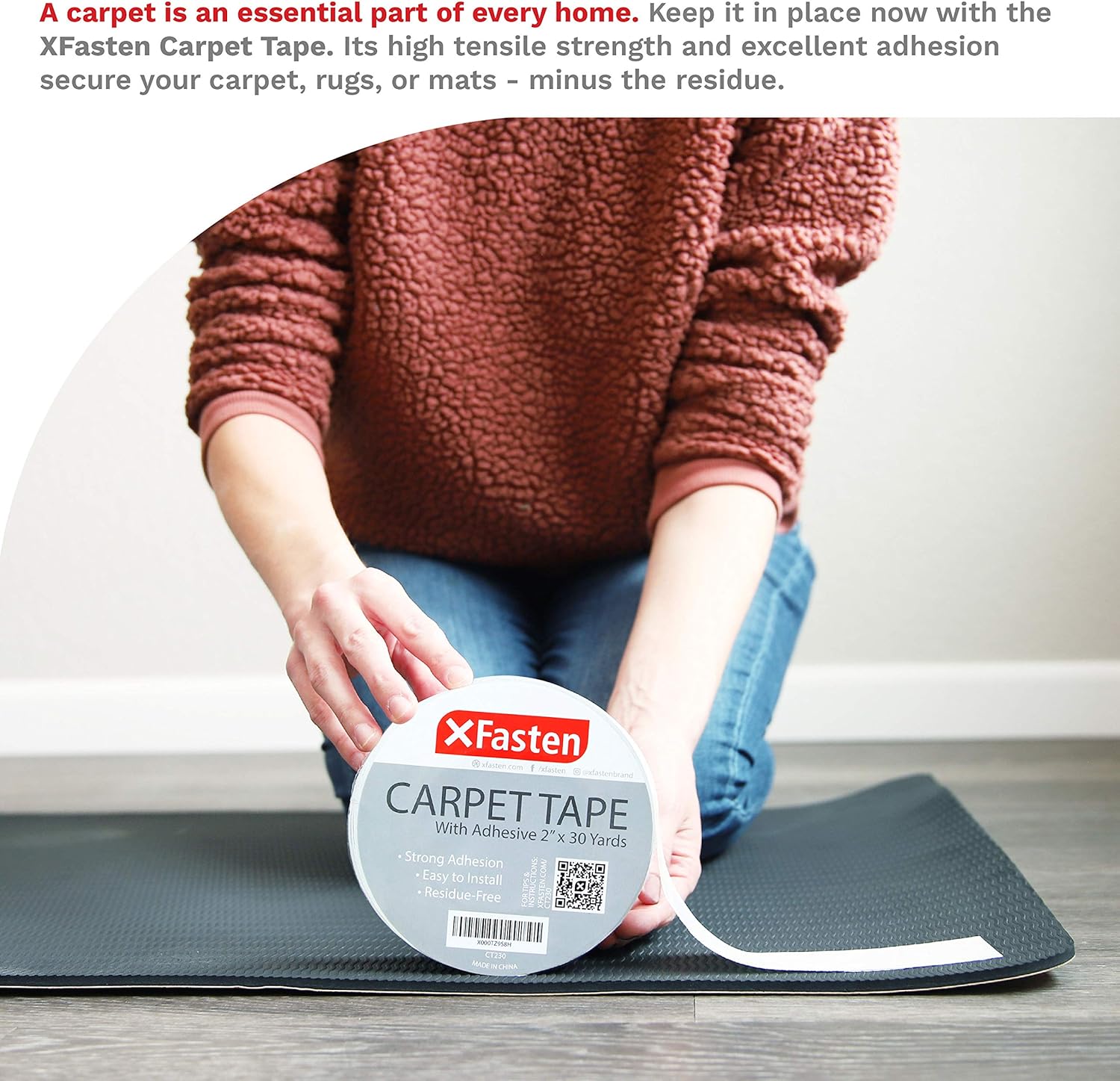 XFasten Double Sided Carpet Tape for Area Rugs, Residue-Free, 2-Inch x 30 Yards; Wood Safe 2 Faced Rug Tape for Carpet to Floor and Rug to Carpet Applications - - 