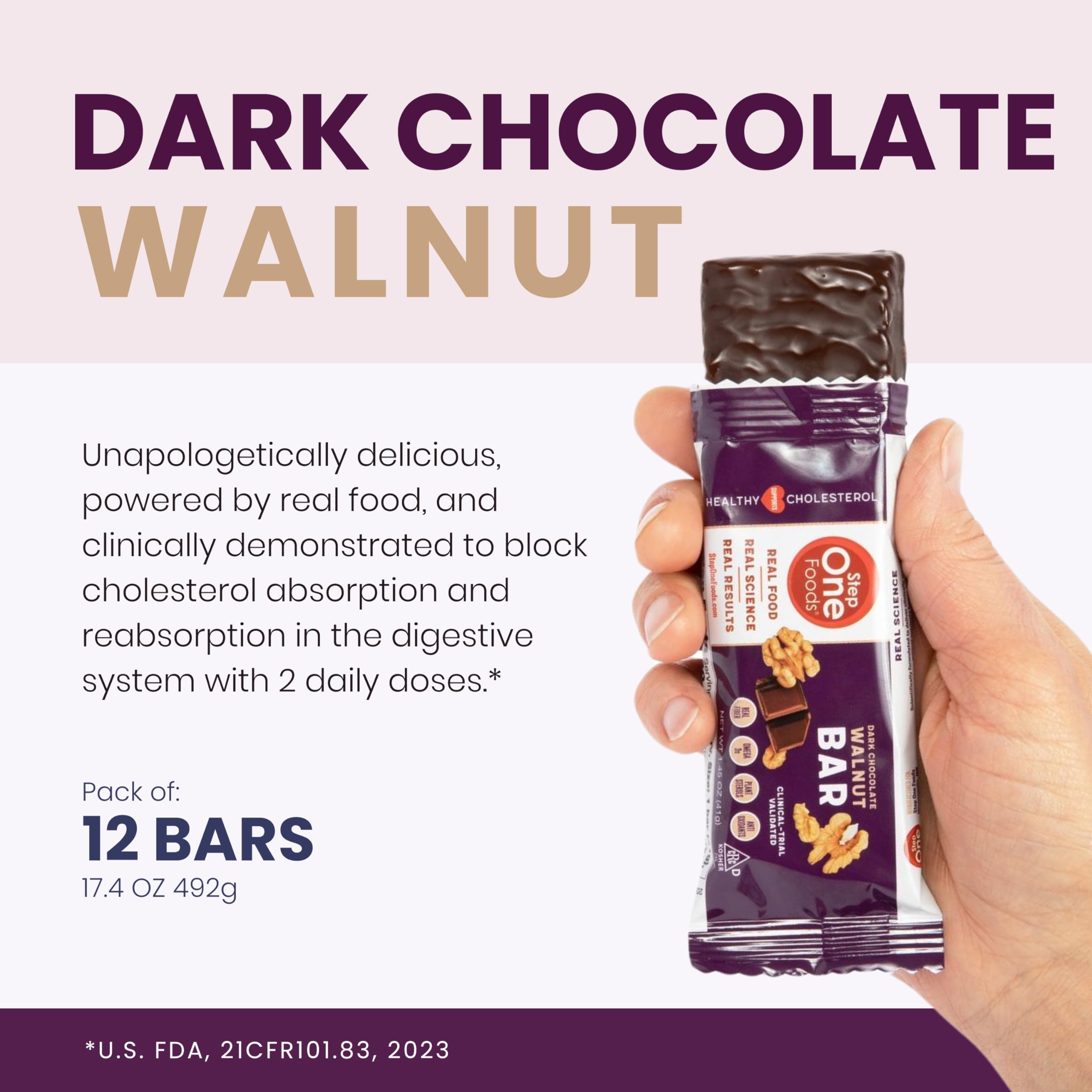 Step One Foods, Dark Chocolate Walnut Bars, Omega 3's and Dietary Fiber Gluten Free, Non-GMO, Vegan, Clinically Proven to help Lower Cholesterol (12 Pack)