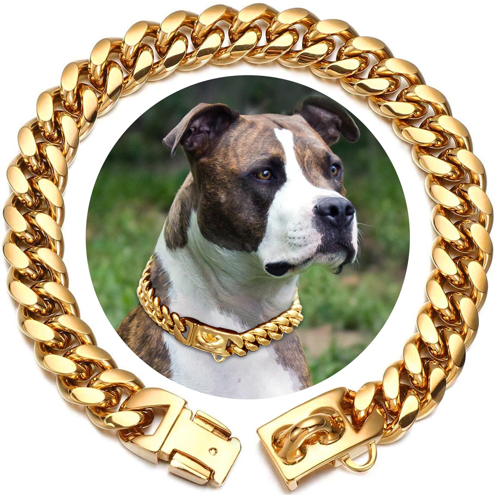 14mm Wide Cuban Link Gold Plated Metal Dog Chain Collar with Secure Buckle, Heavy Duty Chew Proof for Small to Big Dogs (30cm, Gold)