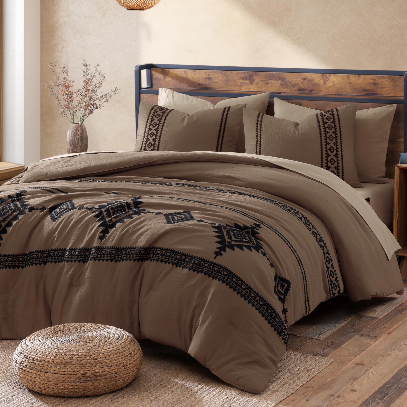 Photo 1 of MAIREVE Embroidery Full Size Comforter Set Brown, Farmhouse Western Boho Bedding Set 7 Pieces, All Season Bed in A Bag Comforter Set with Sheets, Pillowcases & Shams