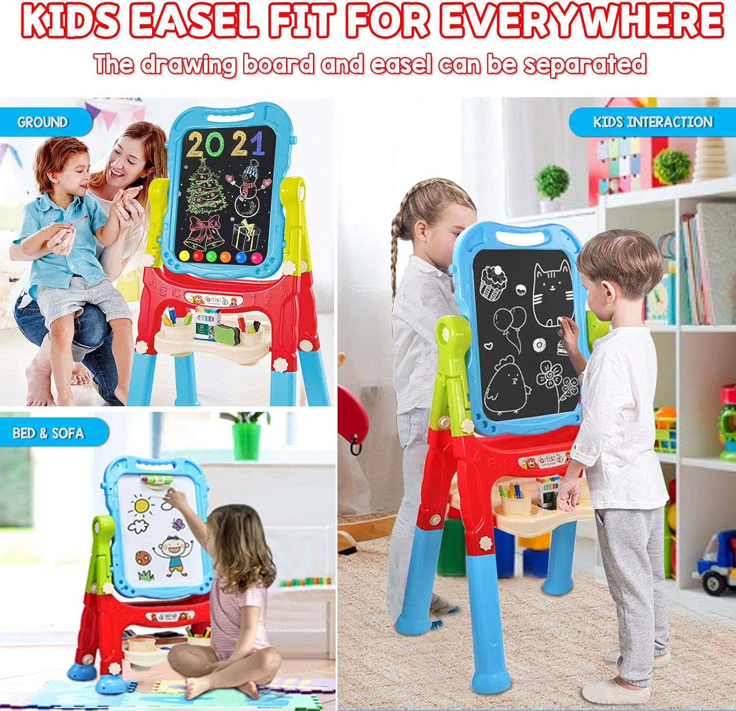 Mojitodon Easel for Kids,Rotatable Double Sided Easel for Kids Adjustable Standing Art Easel with Painting Accessories for Toddlers Boys and Girls-Blue: Home & Kitchen