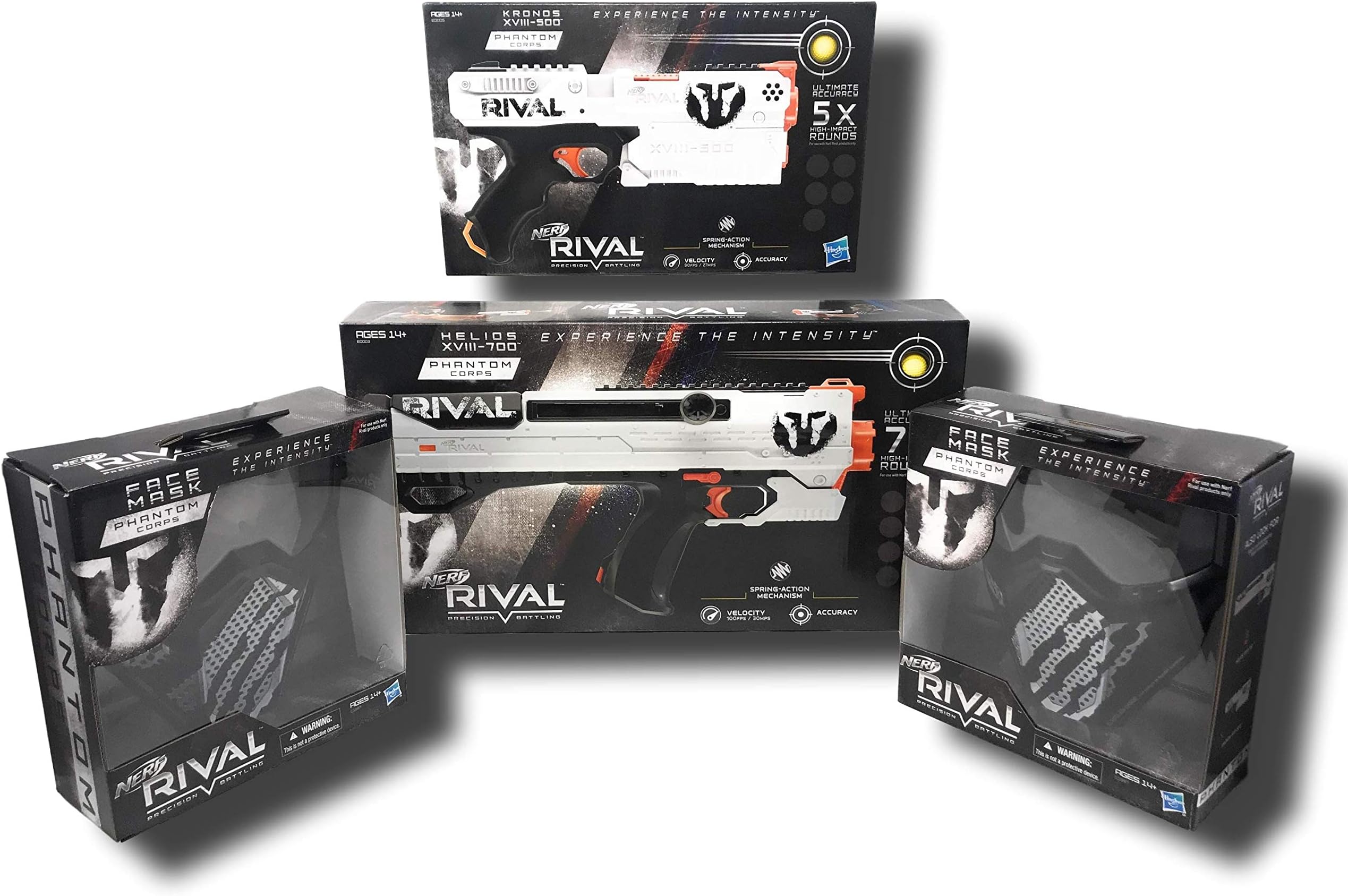 Nozlen Toys Bundle: Nerf Rival Phantom Corps Set Including (1) Helios XVIII-700, (1) Kronos XVIII-500, (2) Face Masks, and (2) Bonus Bags
