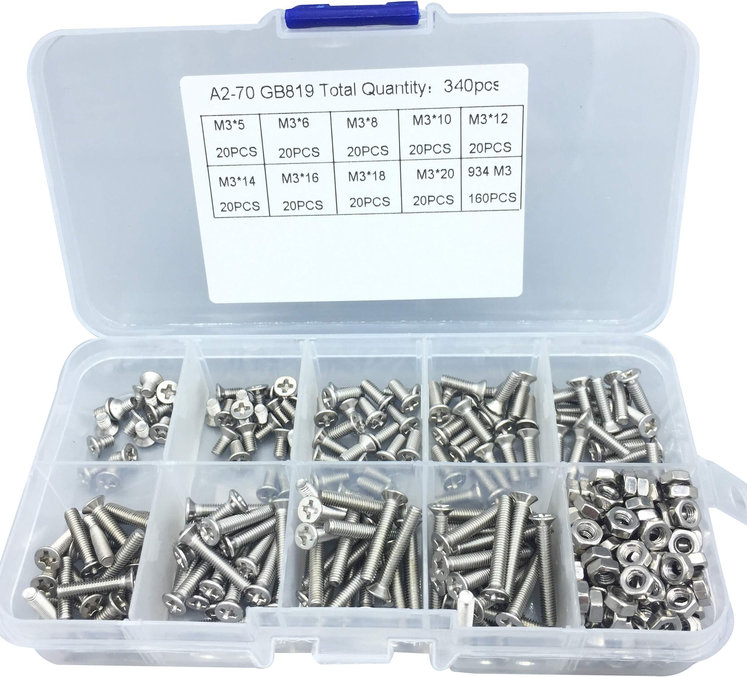 304 Stainless Steel Screw A2-70 M3 GB819 Assortment Kit 340 Pcs Phillips Flat Head Countersunk Screws Nuts by Hgr