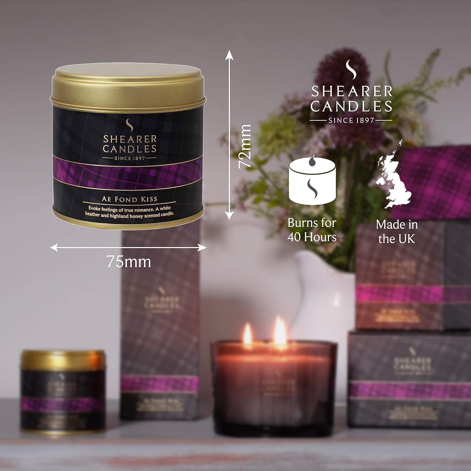 Shearer Candles Ae Fond Kiss Large Scented Tartan Tin Candle - Ivory, 7.5cm l x 7.5cm w x 7.2cm h - Image 4