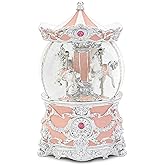 Carousel Music Box Silver & Pink Christmas Snow Globes, 8.3" Rotate Carousel Snow Globe for Kids & Adults, Classic Wind up Musical Snow Globe Valentines Day Gifts for Women Girls Carousel Horse Decor