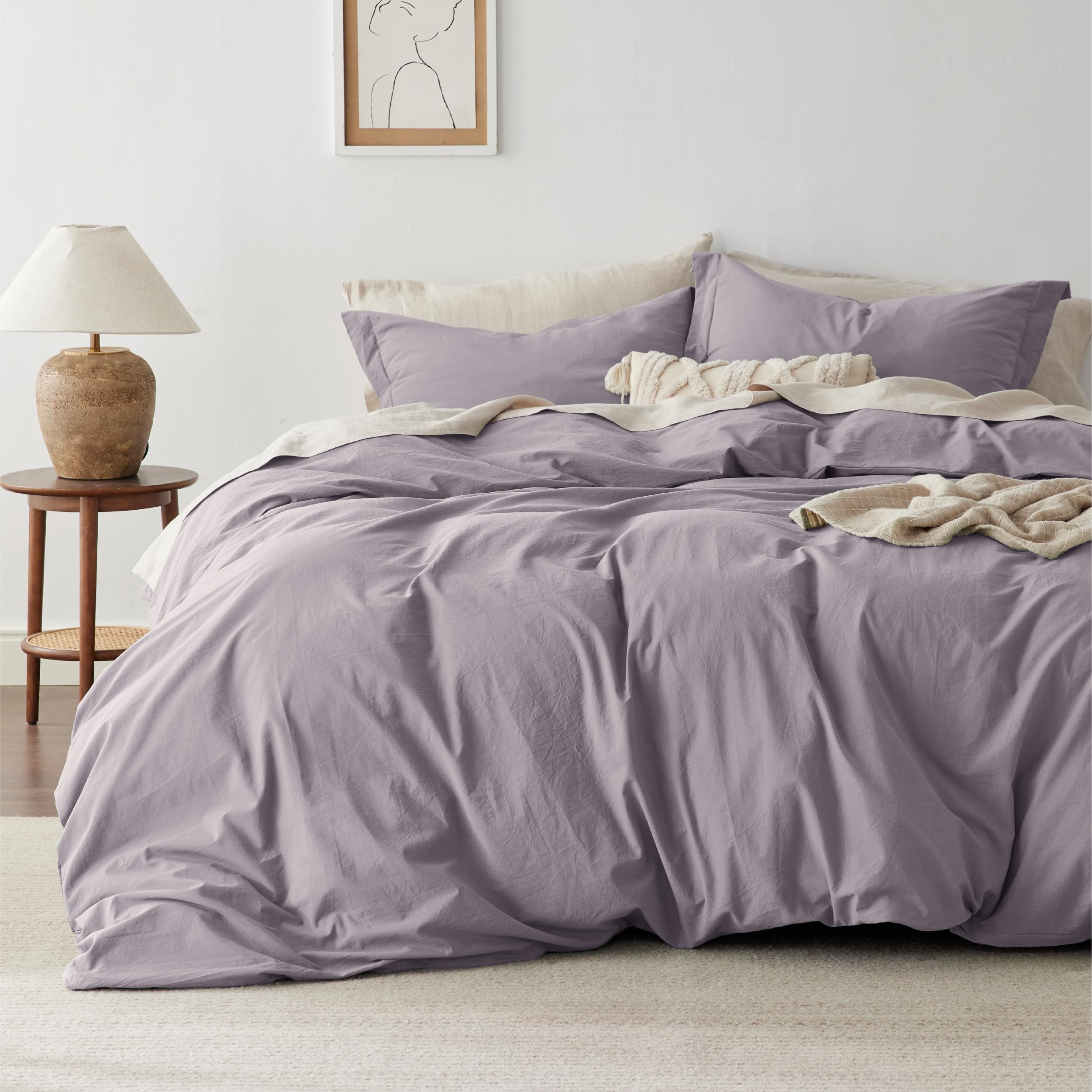 Photo 1 of Bedsure 100% Washed Cotton Duvet Cover King Size - Lavender Minimalist Cotton Duvet Cover Linen Like for All Seasons - GentleSoft™ Plain Simple Bedding (Lavender, King, 104"x90")