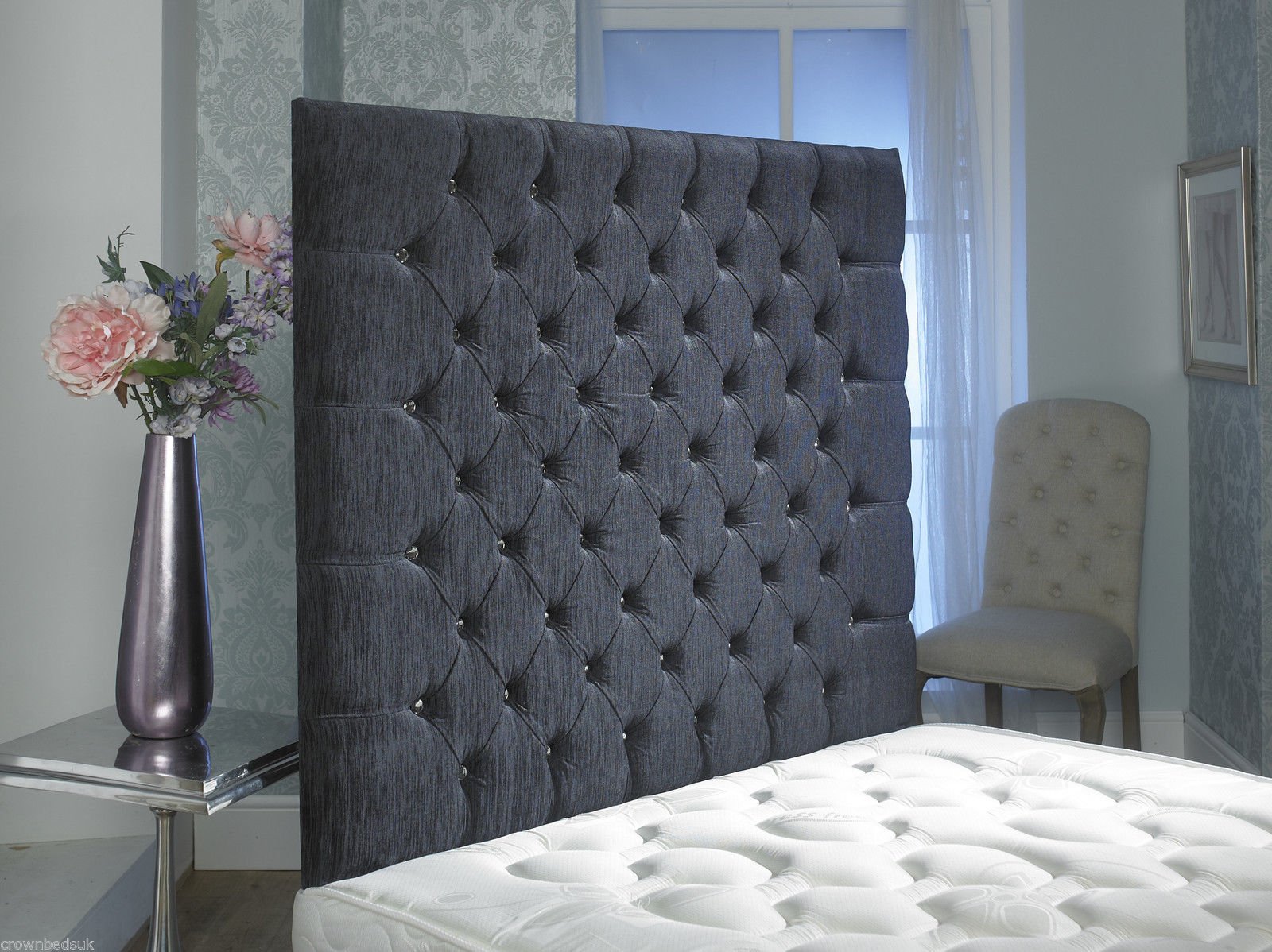 CROWNBEDSUK CHESTERFIELD WALL HEADBOARD CHENILLE IN 2ft6,3ft,4ft,4ft6,5ft,6ft 36'' OR 44 '' HEIGHT MATCHING BUTTONS (3FT SINGLE 36'', Grey)