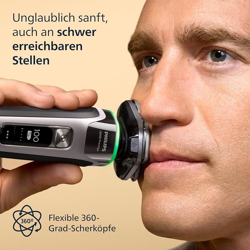 elektrischer Rasierer i9000 Prestige, Nass- und Trockenrasierer für Herren mit integriertem Trimmer, grau-silber, Drucksensor, Reinigungsstation, Ladestation und Reiseetui (XP9205/30)