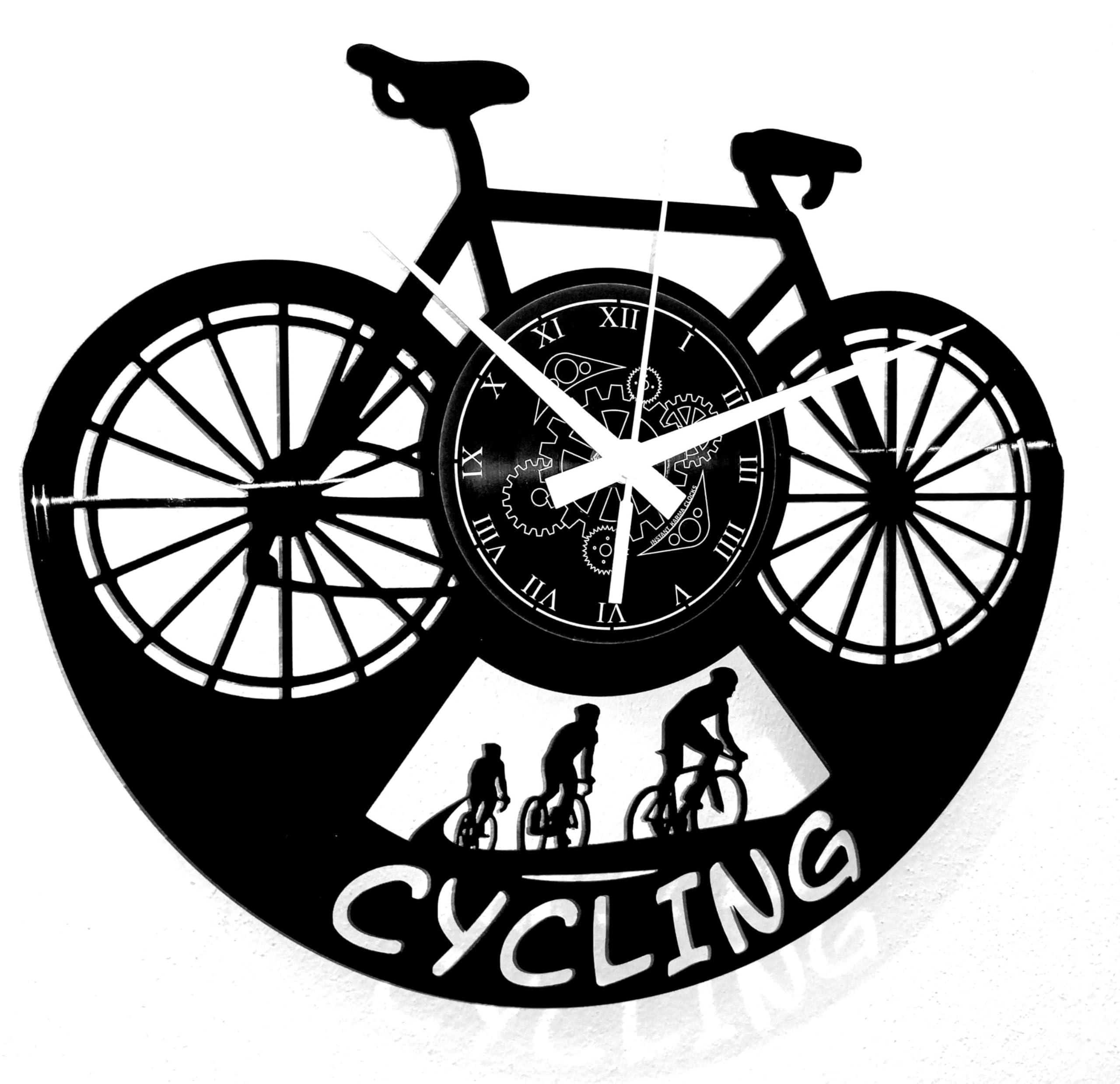 Instant Karma Clocks | Cycling Wall Clock with Bike and Riders Silhouette – Silent No-Ticking | Perfect for Bedroom, Office, Studio, Cabin, Living Room – Unique Decoration