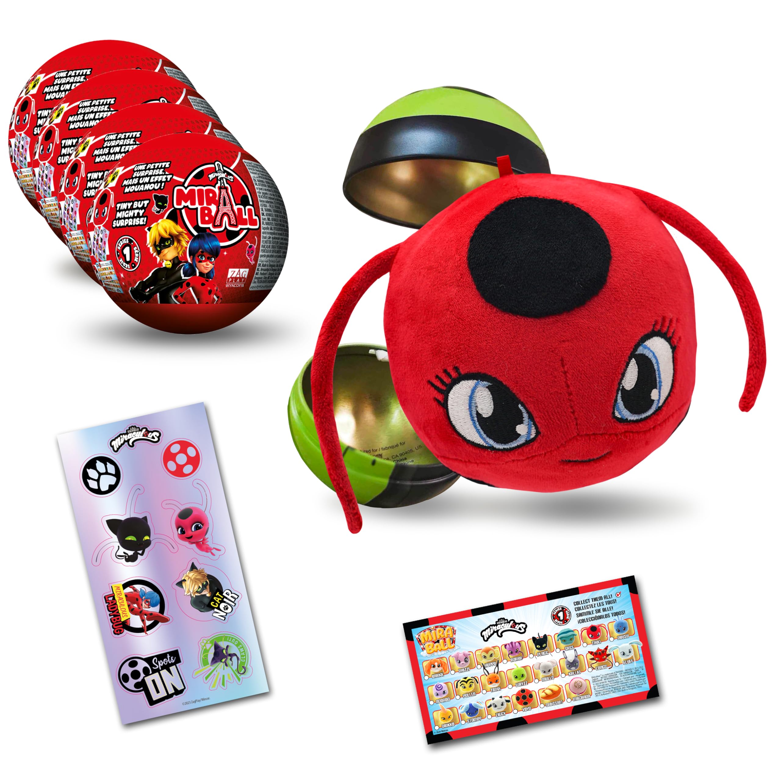Miraculous Ladybug, 4-1 Capsule Collectible Toy, [PACK OF 4], Surprise Miraball with expanding Plush Kwami, Collectible Character Metal Case, Glittery Stickers & hanging Display Ribbon — image 1