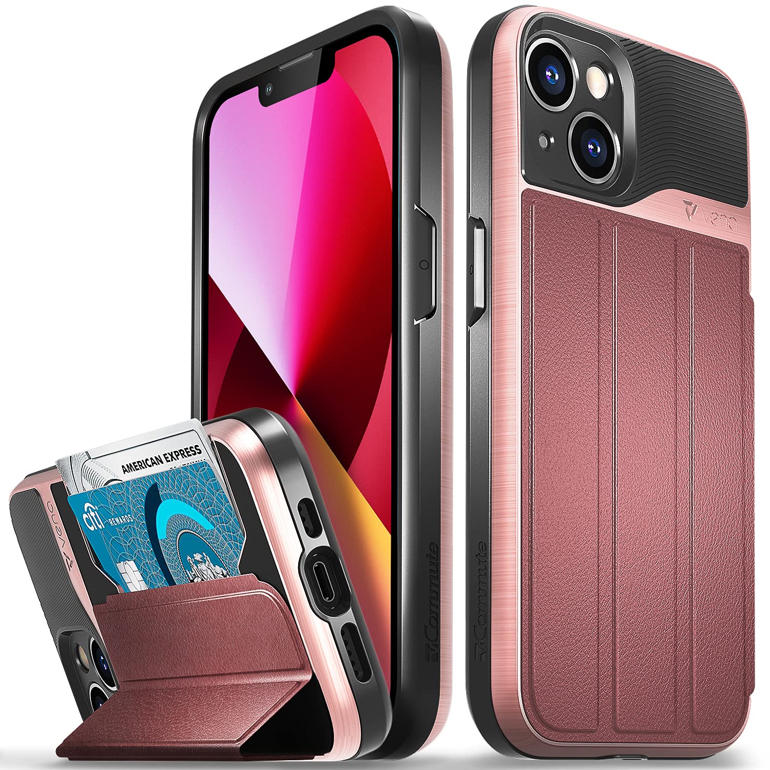 VENA Wallet Case Compatible with Apple iPhone 13 (6.1"-inch), vCommute (Military Grade Drop Protection) Flip Leather Cover Card Slot Holder with Kickstand (Rose Gold)