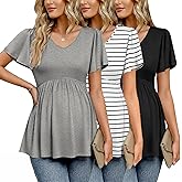 Ekouaer Maternity Shirts 3 Packs Flying Short Sleeve Maternity Tops V Neck T-Shirt Pregnancy Clothes S-XXL