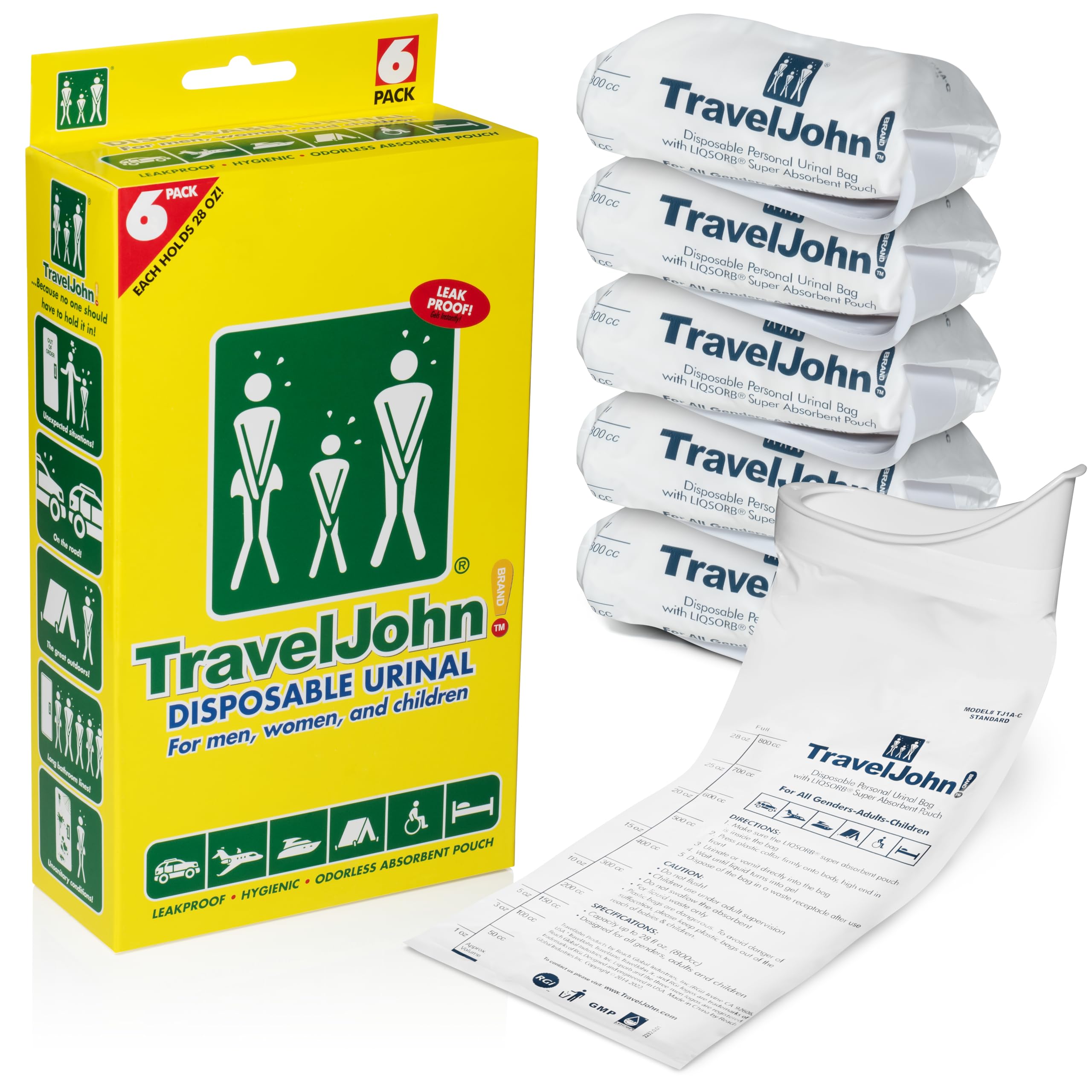 TravelJohn Unisex Disposable Urinal Pack of 6