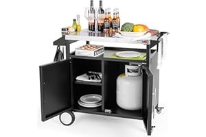 OuterMust Grill Table Outdoor Kitchen Cabinet, Moveable Outdoor Prep Table & Bar for Storage, Grilling and Pizza Oven, Multifunctional Silver & Black