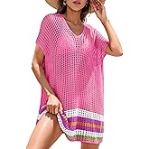 Dokotoo Women's Swimwear Beach Bikini Swimsuit Color Block Cover-ups Crochet Striped Side Split Mini Dress