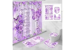 Litabel 4 Pcs Purple Butterfly Inspirational Quotes Shower Curtain Set with Rugs and Toilet Lid Cover, Colorful Boho Waterproof Fabric Bathroom Set, Bible Verse Floral Bathroom Decor Set Accessories