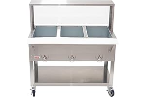 Kratos Commercial Electric Steam Table/Hot Food Table with Overshelf and Sneeze Guard, 3 Wells, Stainless Steel, Mobile, NSF, 120V (28W-202)