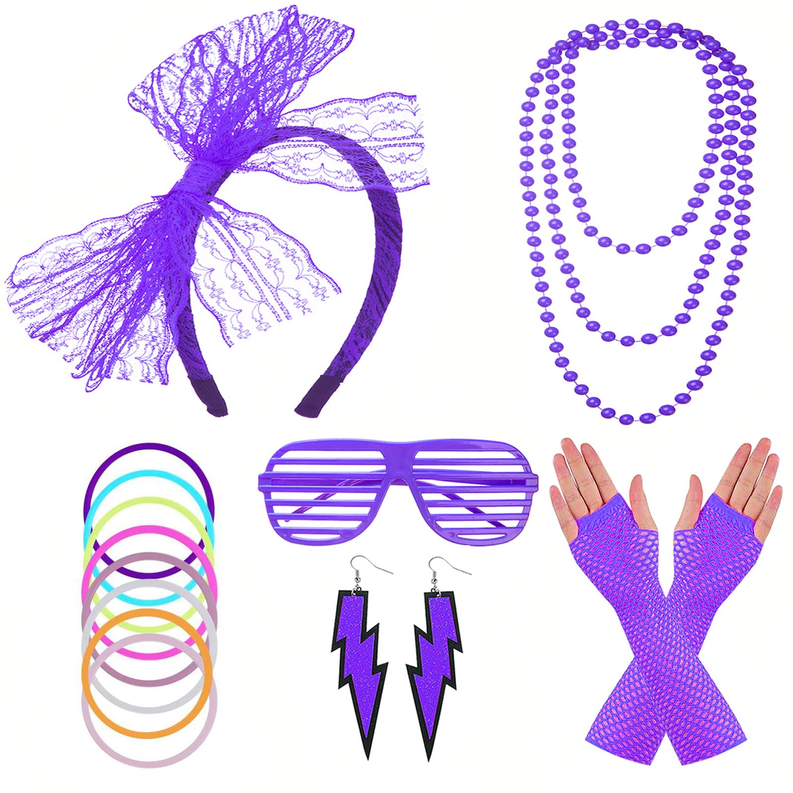 FACATH 80s Neon Necklaces Bracelets Fishnet Gloves Lace Bow Headband Neon Earrings 1980s Fancy Dress Accessories Green Party Costume for Women Girls Ladies (Purple)
