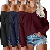 Velvelhall 3 Pack Women's Oversized Off The Shoulder Tops Waffle Knit V Neck Casual Shirts Loose Fit Long Sleeve Tees(Black, Navy Blue, Wine Red,Large)
