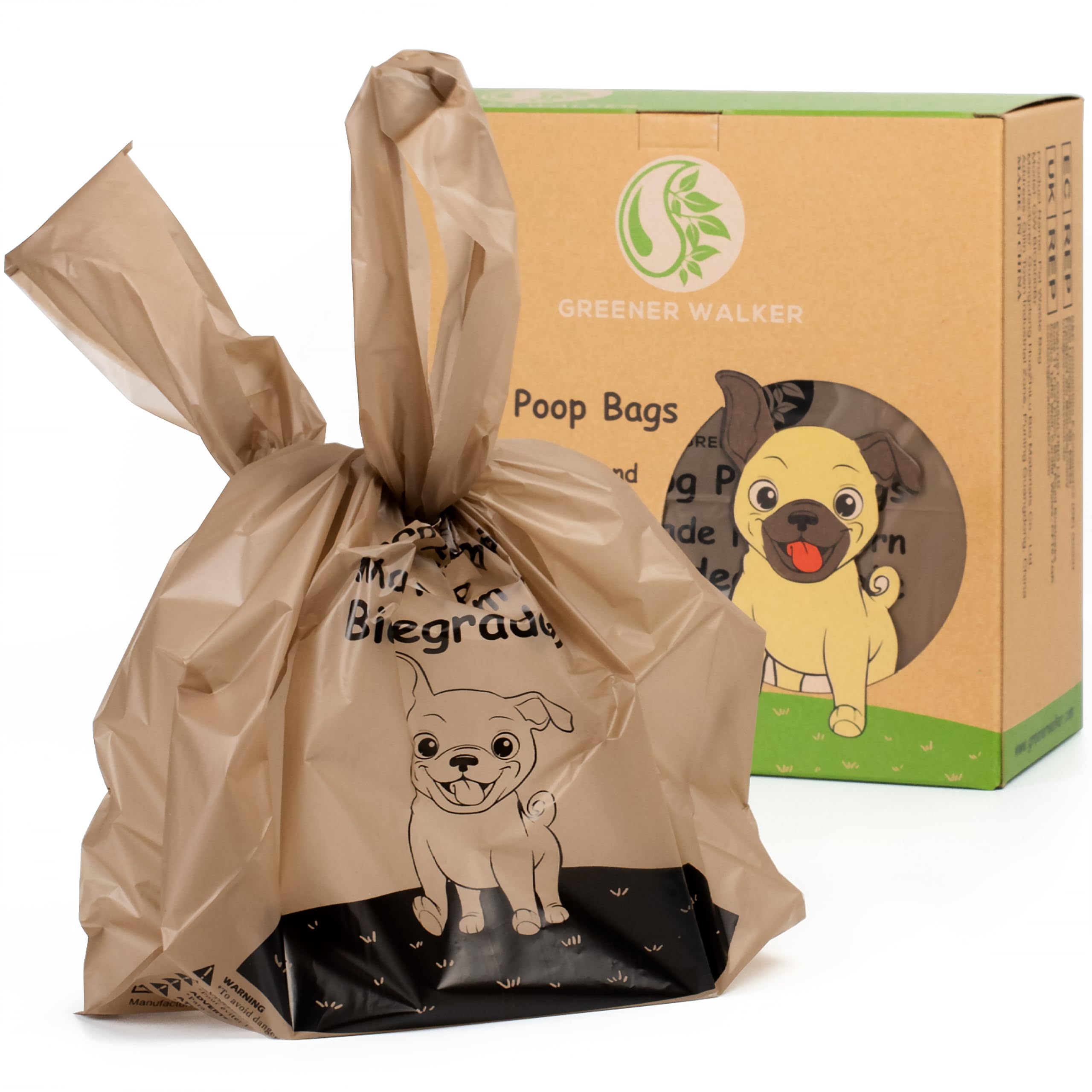GREENER WALKER Tie Handles Poo Bags for Dog Waste, 300 Pet Poop Bags, 100% Leak-proof Thick and Strong Biodegradable (Brown)