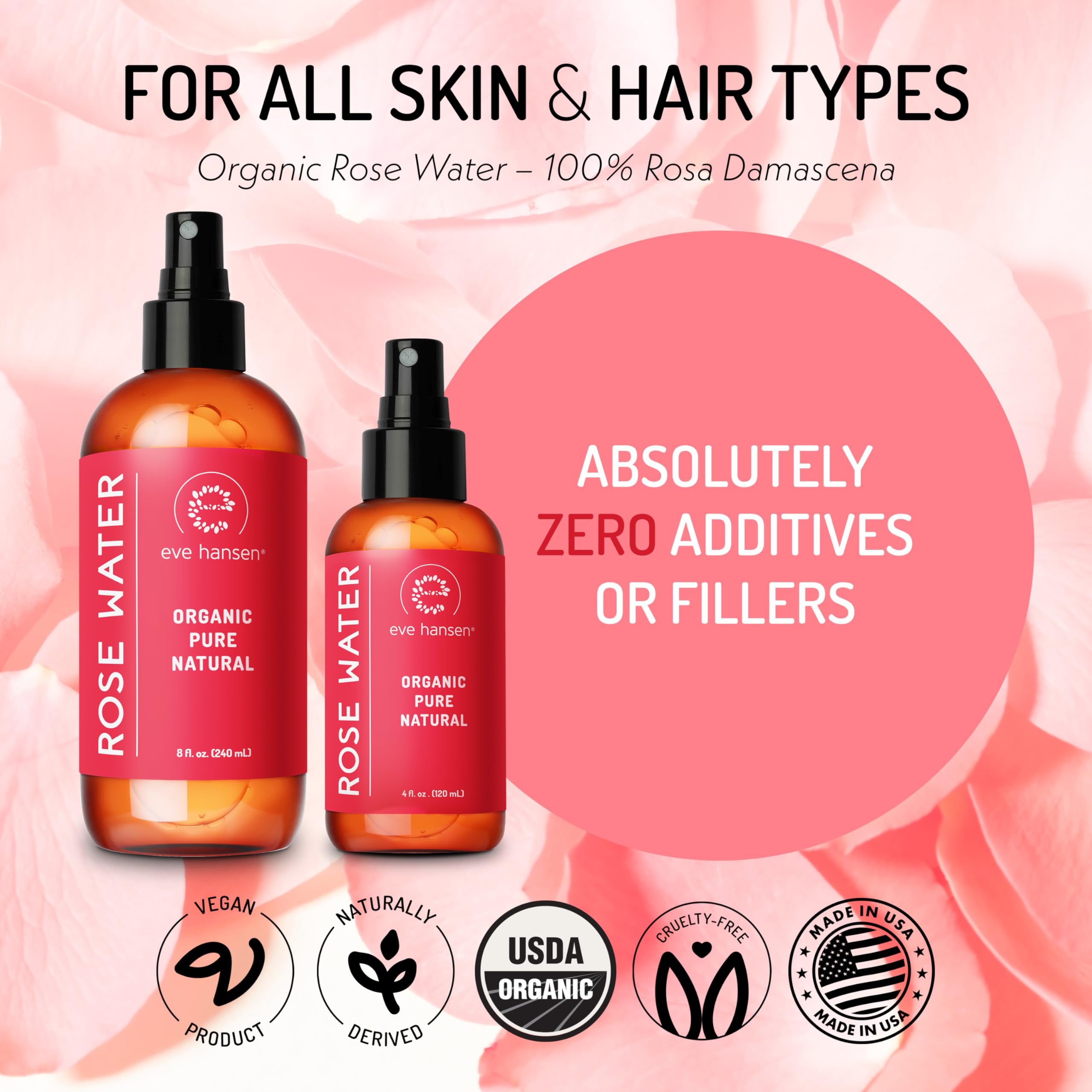 Eve Hansen Organic Rose Water Spray for Face | Huge 8 oz Moroccan Rosewater Face Toner and Makeup Setting Spray | Soothing Neck and Face Mist to Reduce Eye Puffiness, Dark Circles and Redness