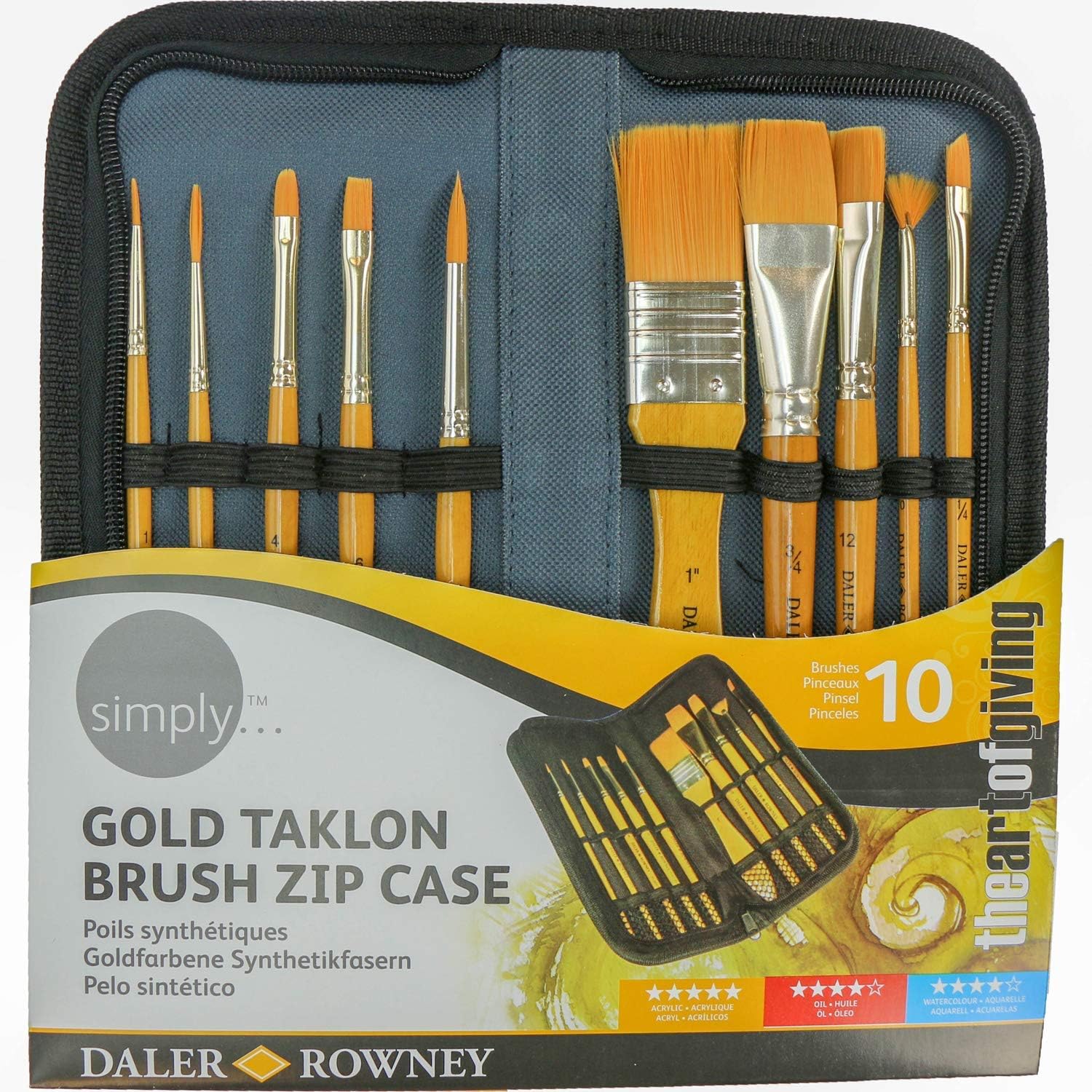 Daler Rowney Simply Gold Taklon Paint Brush Set and Zip Case Set of