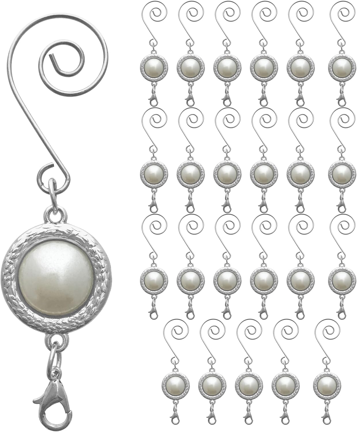 Ornament Hooks - BANBERRY DESIGNS Pearl Christmas Ornament Hook with S-Hook and Lobster Claw - Set of 24 - White Pearl with Silver Setting - Xmas Accessories & Accents for Hanging Ornaments