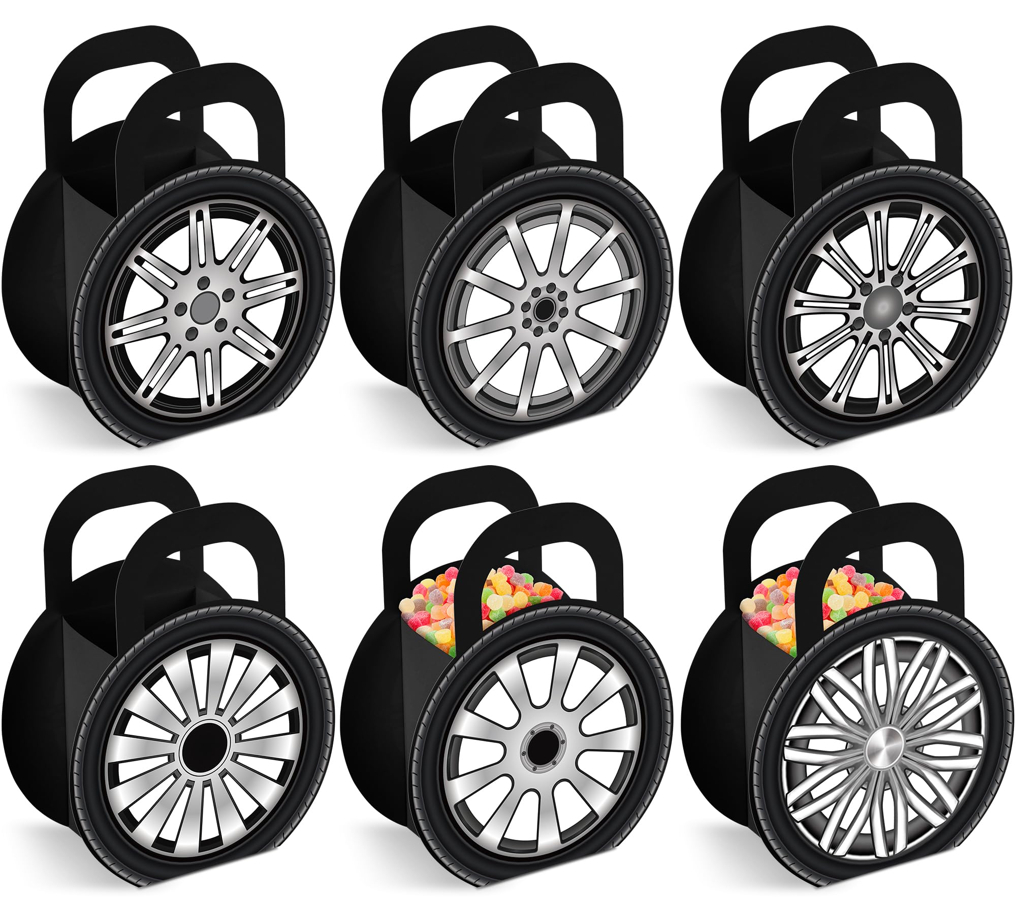 Photo 1 of 24Pcs Race Car Wheels Party Gift Boxes for Race Car Party Decorations Car Wheels Shaped Treat Boxes Racing Car Birthday Party Candy Boxes with Handle for Boys Kids Birthday Baby Shower Party Supplies