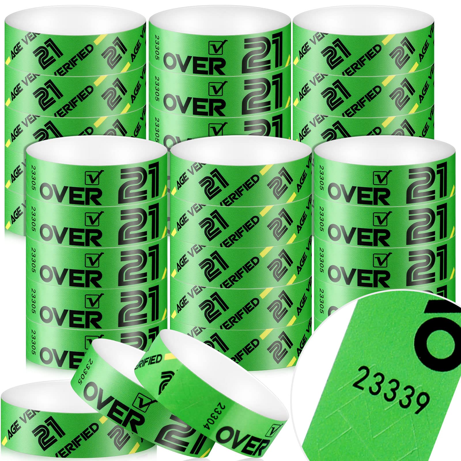 Photo 1 of 600 Pack Over 21 Age Verified Wristbands for Events with Security Number, Waterproof Neon Verified Wristband for Bar KTV Casino Bachelorette Party Concert Occasion Entrance (Green)